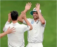  ?? PHOTOS: PHOTOSPORT ?? Wickets to Jeetan Patel, left, and the pace duo of Colin de Grandhomme and Matt Henry, right, left South African captain Faf du Plessis scratching his head in Hamilton yesterday.