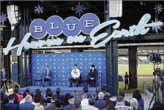  ?? MARCIO JOSE SANCHEZ / AP ?? New Los Angeles Dodgers Shohei Ohtani, middle, speaks during a news conference Thursday at Dodger Stadium in Los Angeles.