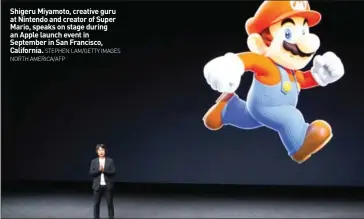  ?? STEPHEN LAM/GETTY IMAGES NORTH AMERICA/AFP ?? Shigeru Miyamoto, creative guru at Nintendo and creator of Super Mario, speaks on stage during an Apple launch event in September in San Francisco, California.