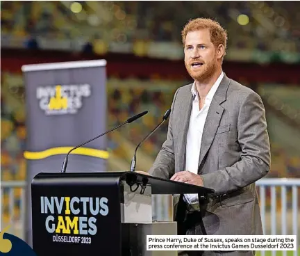  ?? ?? Prince Harry, Duke of Sussex, speaks on stage during the press conference at the Invictus Games Dusseldorf 2023