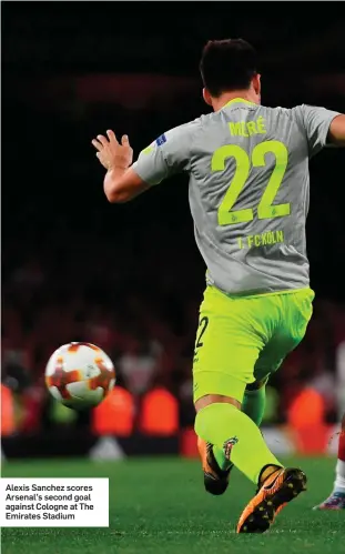 ??  ?? Alexis Sanchez scores Arsenal’s second goal against Cologne at The Emirates Stadium