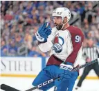  ?? JEFF ROBERSON/AP ?? Colorado Avalanche center Nazem Kadri celebrates after scoring against the Blues during Game 4 of a second-round playoff series Monday in St. Louis. Kadri finished with a hat trick.