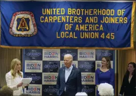  ?? ALEX BRANDON — THE ASSOCIATED PRESS ?? President Joe Biden arrives to speak at the Carpenters Union Hall, Tuesday, in Scranton, Pa., and is introduced by Megan Bell.