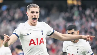  ?? Picture: Getty Images ?? ON THE UP. Tottenham Hotspur’s Micky van de Ven celebrates after scoring a goal during their English Premier League match against Nottingham Forest at Tottenham Hotspur Stadium yesterday.