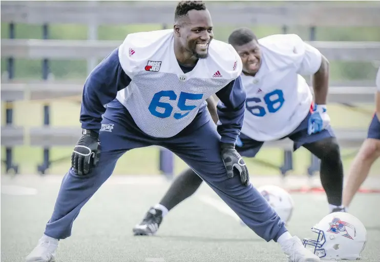  ?? — POSTMEDIA FILES ?? Jovan Olafioye faces his former team for the first time when the Als host the Lions on Friday night. Montreal’s offensive line has yet to give up a sack.