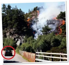  ??  ?? ABLAZE: A wildfire at Slochd in Inverness-shire dwarfs a car, circled