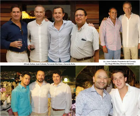  ??  ?? Lic. Juan Collado, Presidente del Consejo, Lic. Hugo Morales, Director General. Alfredo Solloa, Juan Collado, Fernando Martínez y Gerardo Ávila. Luis Javier Suárez, Antonio Salazar y Enrique Marrufo. Julio Gómez y Juan Collado.