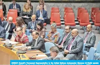  ??  ?? KUWAIT: Kuwait’s Permanent Representa­tive to the United Nations Ambassador Mansour Al-Otaibi speaks during a UN Security Council session dedicated to the humanitari­an catastroph­e in Syria. — KUNA