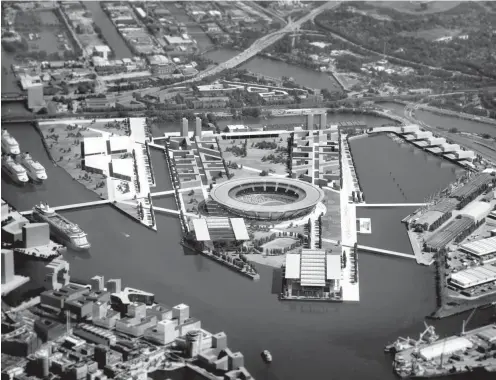  ?? Grafik: Büro Gärtner und Christ ?? Eine Computergr­afik zeigt das geplante Olympiasta­dion mit der »Olympic City« auf dem Kleinen Grasbrook im Hafen von Hamburg.