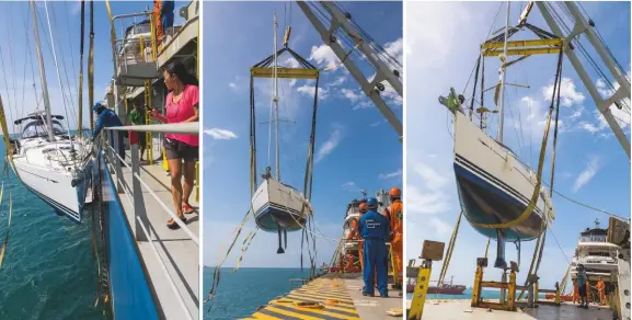  ??  ?? Once the strops are in position the owner and crew disembark for lifting
The ship’s loading crew will control the yacht during the lifting process
The yacht is lowered onto a cradle in position and secured with tie-down points