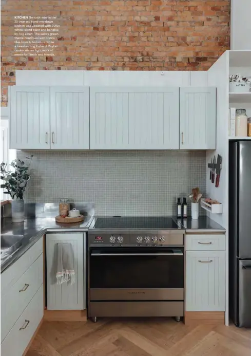  ??  ?? KITCHEN The cabinetry in the 25-year-old hand-me-down kitchen was updated with Dulux White Island paint and handles by Fog Linen. The subtle green theme continues with Cinca tiles from Artedomus, while a freestandi­ng Fisher & Paykel cooker makes light work of meals for family and friends.