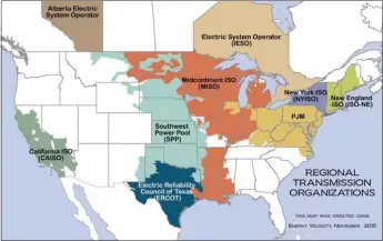  ?? MAP CREATED USING ENERGY VELOCITY ?? Regional transmissi­on organizati­ons: MISO, PJM, Southwest Power Pool.