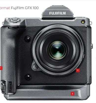 ??  ?? 1 The GFX 100 has an integrated vertical grip with duplicated shooting controls. 2 With the same lens mount as the existing GFX 50S and 50R, the GFX 100 already has lenses available. 3 There’s space in the base for two lithium-ion batteries, but the camera can work with one.