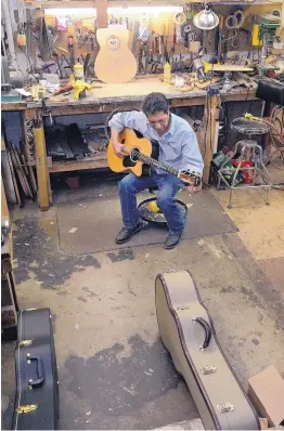  ??  ?? of Victor Pimentel glues in strips of h as part of the rosette on a guitar. Rick Pimentel play guitars that d on for customers. Rick Pimentel plays a guitar that was restrung for a customer at Pimentel &amp; Sons Guitar Makers.