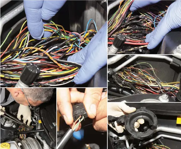  ??  ?? 991 Turbo arrived at Porsche-torque with its PSM accelerati­on sensor showing continuity issues, so Sid Malik started following the cables back into the car’s main loom. It was soon all too obvious that someone had been inside that before, where it...