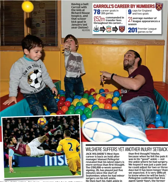  ?? REUTERS ?? Having a ball: Carroll with the kids at Richard House hospice, and that scissor kick goal in January last year (below)
