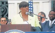  ?? TRENTONIAN FILE PHOTO ?? City Council President Kathy McBride speaks to the crowd at Trenton’s inaugurati­on ceremony in 2018 at City Hall.