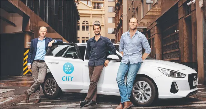  ?? ?? Uber Australia and New Zealand’s Dom Taylor, left, with Car Next Door’s David Trumbull and Will Davies after Uber acquired the tech start-up.