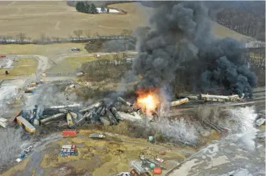  ?? GENE J. PUSKAR/AP ?? A photo taken with a drone shows a derailed Norfolk Southern freight train ablaze Feb. 4 in East Palestine, Ohio.