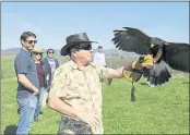  ?? ERIC RISBERG — THE ASSOCIATED PRESS ?? A Harris hawk lands on Nick Kontis during a falconry vineyard experience at Bouchaine Vineyards in Napa.