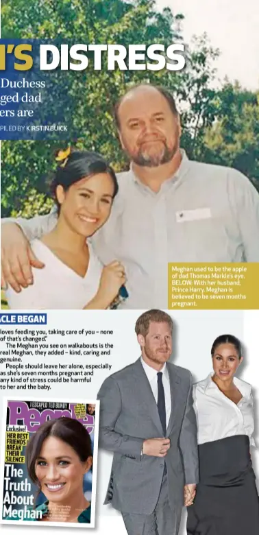  ??  ?? Meghan used to be the apple of dad Thomas Markle’s eye. BELOW: With her husband, Prince Harry. Meghan is believed to be seven months pregnant.