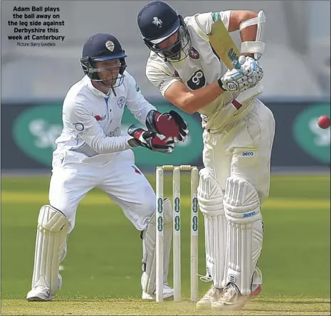  ?? Picture: Barry Goodwin ?? Adam Ball plays the ball away on the leg side against Derbyshire this week at Canterbury