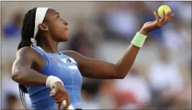  ?? AURELIEN MORISSARD — THE ASSOCIATED PRESS ?? Coco Gauff of the U.S. serves against Austria’s Julia Grabher during their second round match of the French Open Thursday. Gauff advanced to the third round of the tourney.