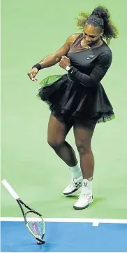  ?? Picture: KENA BETANCUR/AFP ?? TEMPER TANTRUM: US Open finalist and former champion Serena Williams smashes her racket on the court while playing Naomi Osaka. Williams has been fined $17,000 (R256,422) by the US Tennis Associatio­n for coaching, racquet abuse and for verbal abuse when she accused umpire Carlos Ramos of being ‘a thief’ during the stormy final