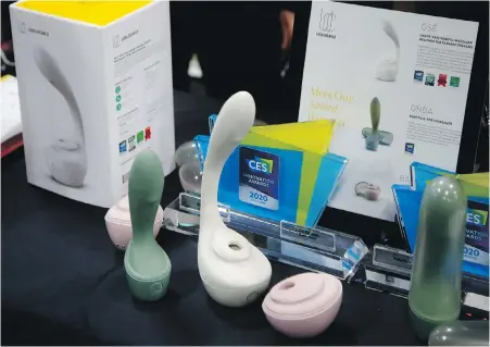  ??  ?? Lora DiCarlo offers a complete line of robotic sexual-stimulatio­n devices for women, some shown here at the CES media preview event.