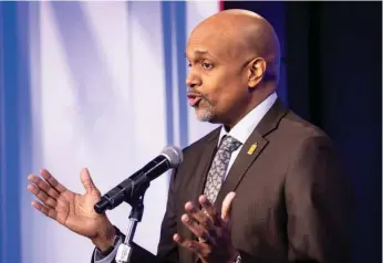  ?? MANUEL MARTINEZ/WBEZ FILE ?? Cook County state’s attorney candidate Clayton Harris III talks to the media after a debate at ABC7 studios on Feb. 8.