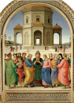  ??  ?? storico paragone a brera | Pietro Vannucci detto il Perugino, «Sposalizio della Vergine», 1499-1503, Caen, Musée des Beaux Arts (provenient­e in origine dal Duomo di Perugia). Accanto, Raffaello Sanzio, «Sposalizio della Vregine», 1504, Milano,...