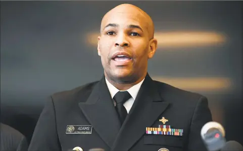  ?? Jessica Hill / Associated Press ?? U.S. Surgeon General Vice Admiral Jerome M. Adams speaks to the media during a visit to the Connecticu­t State Public Health Laboratory, Monday in Rocky Hill.