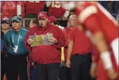  ?? CHARLIE RIEDEL — THE ASSOCIATED PRESS FILE ?? Kansas City Chiefs head coach Andy Reid watches from the sidelines during the first half against the Buffalo Bills last Sunday, Oct. 10, in Kansas City, Mo.