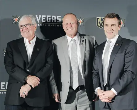  ?? JOHN LOCHER / THE ASSOCIATED PRESS ?? Las Vegas Golden Knights owner Bill Foley, left, coach Gerard Gallant and general manager George McPhee will unveil the team’s first roster on Wednesday night.