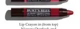  ??  ?? Lip Crayon in (from top) Niagara Overlook and Redwood Forest, $16.95 each, Burt’s Bees, 1800 813 661