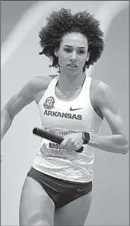  ?? NWA Democrat-Gazette/ANDY SHUPE ?? Arkansas’ Taliyah Brooks, the NCAA heptathlon champion, wore a boot on her right leg Saturday after feeling soreness in her heel during Friday’s long jump, but the injury is not believed to be serious.