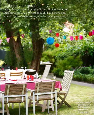  ??  ?? Hang colourful solar-powered lights around the summer dining table