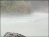  ?? (NWA Democrat-Gazette/Terri O’Byrne) ?? Lake Norwood’s shoreline eerily disappears close to the dam Jan. 23 in a fog that smattered itself throughout Bella Vista.