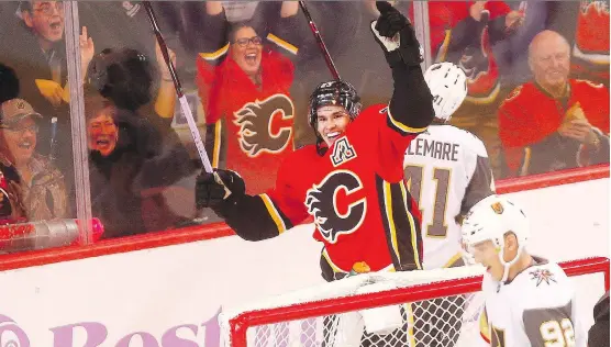  ?? DARREN MAKOWICHUK ?? Flames forward Sean Monahan scored twice in the first period and Calgary was off and running to a 7-2 victory over the visiting Vegas Golden Knights Monday.