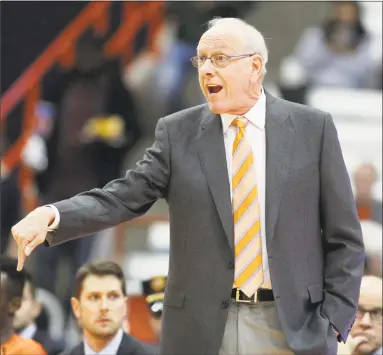  ?? Nick Lisi / Associated Press ?? Syracuse coach Jim Boeheim shouts to his players during a preseason game against Le Moyne on Oct. 31.