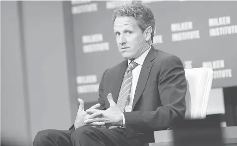  ??  ?? Geithner, president of Warburg Pincus and former Treasury secretary, at the annual Milken Institute Global Conference in Beverly Hills, California, in April. Geithner has secured a credit line with JPMorgan, one of the largest banks he oversaw during...