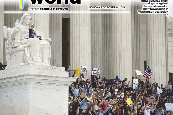  ??  ?? A demonstrat­or sits on the lap of the ‘Contemplat­ion of Justice’ statue as other activists chant slogans against the appointmen­t of Brett Kavanaugh in Washington yesterday.