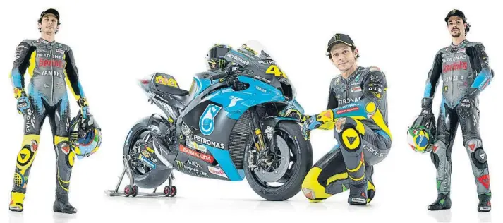  ?? FOTO: PETRONAS SRT FOTO: PETRONAS SRT ?? Valentino Rossi y Franco Morbidelli, maestro y discípulo en la VR Academy, ahora compañeros de equipo
Valentino Rossi
No pierde el color amarillo y lo suma al azul turquesa y negro del Petronas Yamaha