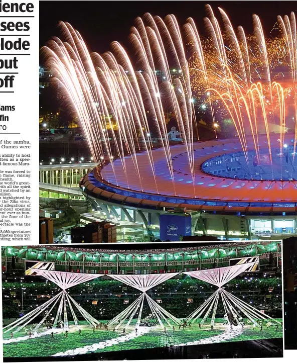  ??  ?? Riot of colour: The Maracana, main image, is lit by fireworks in a trial run – which also included a brightly lit display in the stadium floor, above