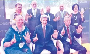  ?? Picture: SUPPLIED ?? Back (L-R): Minister for Niue Esa Mona Ainuu, Special Ocean Envoy, Peter Thomson, Minister for Palau, Steven Victor, UAE director general for COP 28, Ambassador Majid
Al Suwaidi, OACPS assistant secretary-general, Cristelle Pratt,
Front (L-R): Cook Is Secretary of Foreign Affairs, Ms. Tepaeru Herrmann, US special presidenti­al Envoy on Climate, John Kerry, Pacific Ocean Commission­er & PIF Secretary General, Henry Puna.