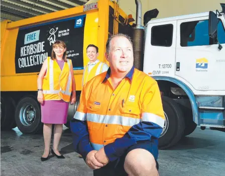  ?? Waste and recycling truck driver Jason, who starred in the council’s acclaimed ads, with Mayor Jenny Hill and Stephen Beckett. ??