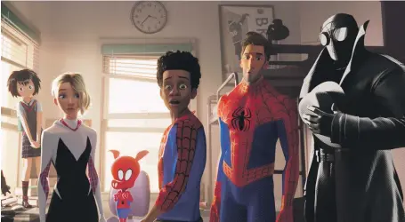  ?? Sony Pictures Animation ?? From left, Peni, Spider-Gwen, Spider-Ham, Miles Morales, Peter Parker and Spider-Man Noir