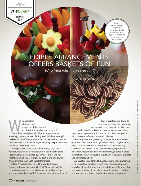  ??  ?? Edible Arrangemen­ts has grown to more than 1,200 franchises. Fruit dipped in chocolate is one secret to its success.