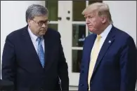  ?? (AP/Alex Brandon) ?? Attorney General William Barr speaks with President Donald Trump during a Rose Garden event in July. In an interview Thursday with ABC News, Barr said tweets by Trump have called into question the independen­ce of the Justice Department.