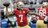  ?? MARCIO JOSE SANCHEZ / AP 2016 JAY JANNER / AMERICAN-STATESMAN ?? Colin Kaepernick remains unsigned, but he might be a better choice to back up Tom Savage than T.J. Yates and Matt McGloin, who were signed Friday by the Texans. Head coach Tom Herman, who started his first year at Texas with high hopes of turning...